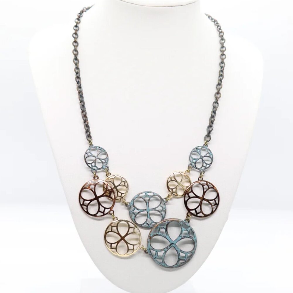 2/$20 Anthropologie Pinwheel Gear Blue Rustic Rose and Gold Chic Necklace